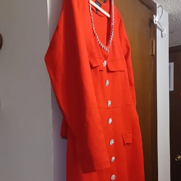 Eloquii Red Long Sleeve Dress with Embellished Neckline - Picture 3 of 10